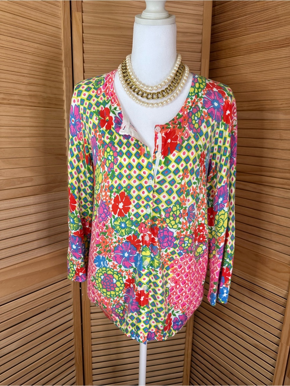 Talbots Multi-Color Floral & Geometric Henley Long Sleeve Top